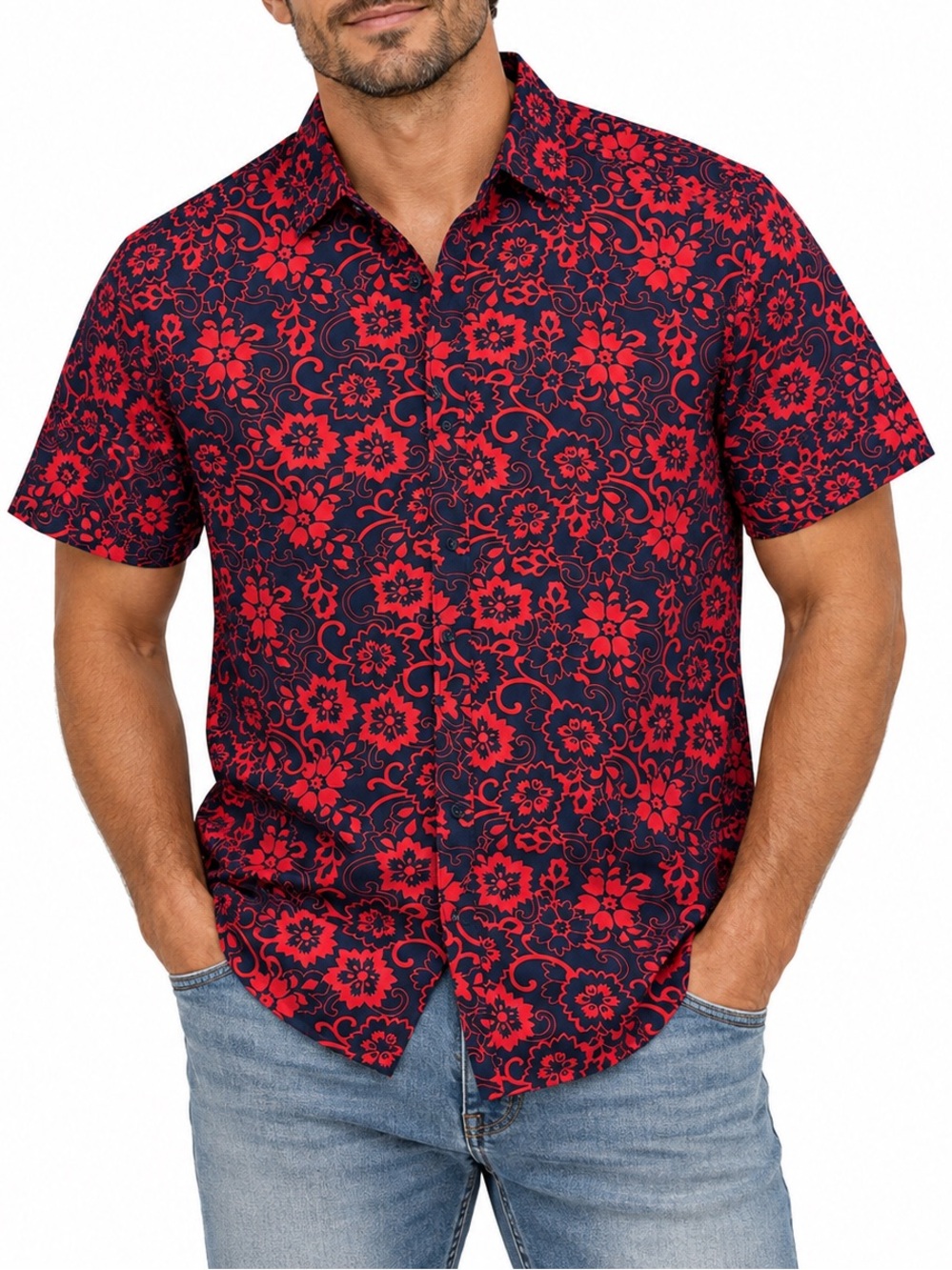 Cactus Man Ricky Singh Men’s XL Red Navy Floral Short Sleeve Button Up Shirt
